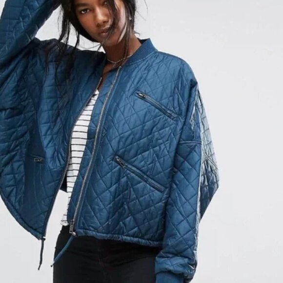 Free People Womens Teal Easy Quilted Bomber Jacket Oversized Medium Dolman Zip - Picture 1 of 15
